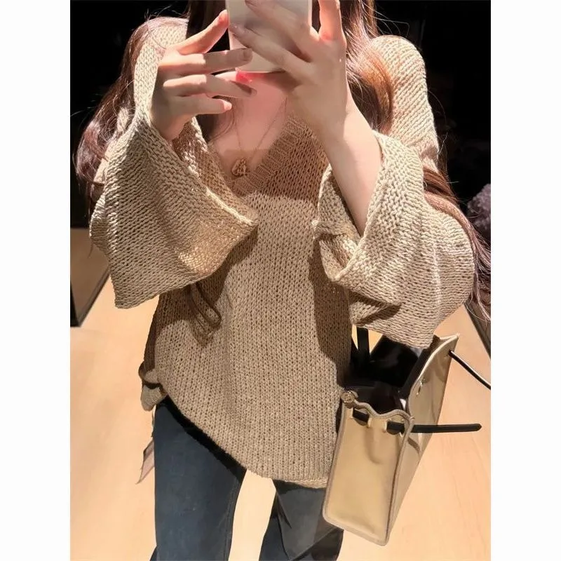 Lazy Style Women Khaki V Neck Hollow Out Knit Sweater Spring Summer Thin Mesh Long Sleeve Cover Up Top