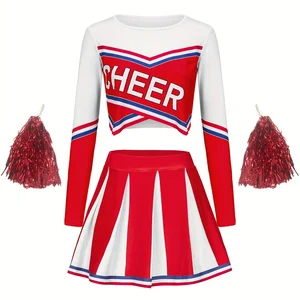 الفتيات الاطفال طويلة الأكمام المشجع تنورة قصيرة مجموعة لطيف عطلة حزب حفلة موسيقية الموسم الرياضة الأداء زي إرسال بوم بوم أفضل 6 ملابس مشجعة مبيعا - رقم 1