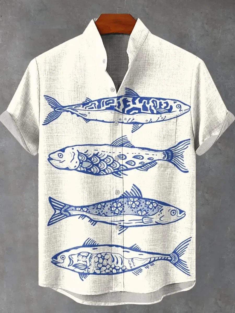 Men's Summer Retro Fish Pattern Art Shirt Casual Linen Short Sleeve Fishing Enthusiast Clothing Exquisite Shirt Street Trend