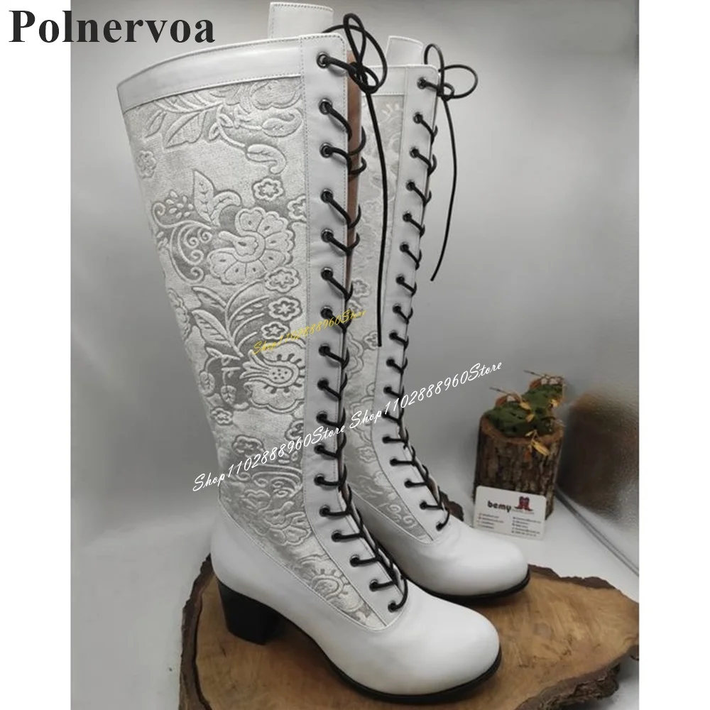 Mid Calf White Embroider Decoration Boots Thick Heel Shoes For Women Cross Tied Round Toe 2024 Fashionable Zapatos Para Mujere