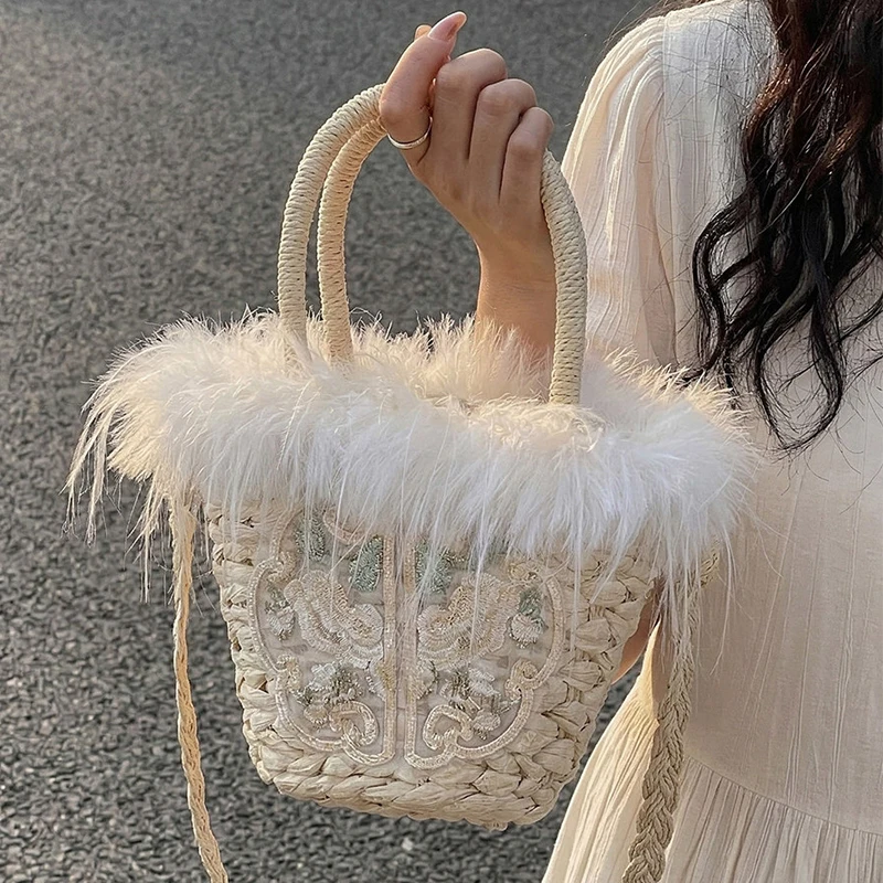 Plush Straw Weaving Handbag 2026 Summer Drawstring New Chinese Style Embroidery Bucket Bags Beach Holiday Style Crossbody Bag