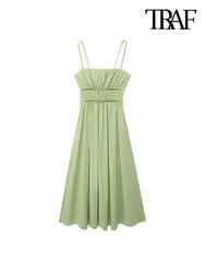 TRAF-Women's Pleated Midi Dress with Side Pockets, Backless, Tied Thin Straps, Female Dresses, Chic Fashion