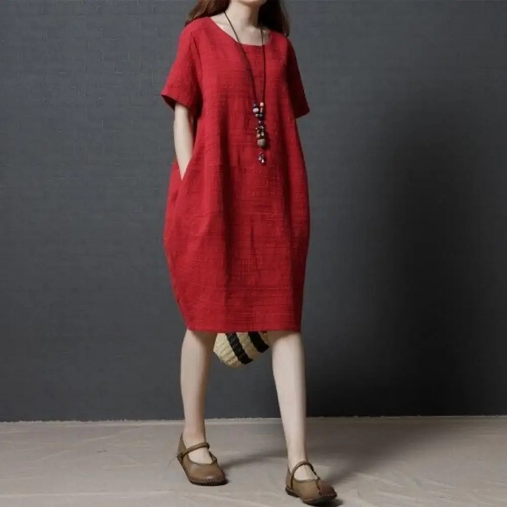 

Women Solid Color A-line Dress Stylish O Neck Knee Length Summer Dress with Side Pockets Comfy Midi Dress for Women Summer Loose