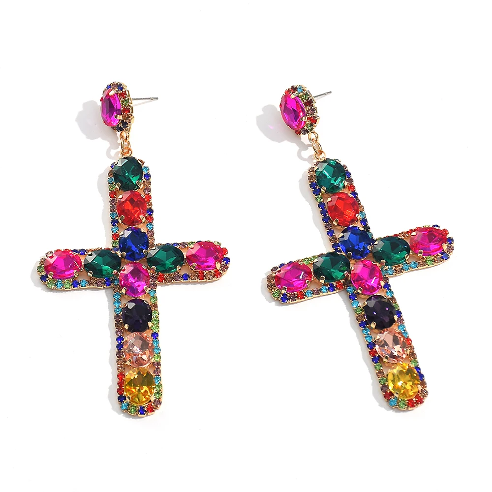 New Design Vintage Long Metal Colorful Crystal Cross Drop Earrings High-Quality Glass Pendant Jewelry Accessories For Women