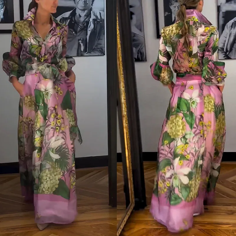 

Женская элегантная однобортная рубашка, топы и юбки трапециевидной формы, комплект 2024, вечерние модные платья с цветочным принтом, костюм, женский наряд с длинным рукавом