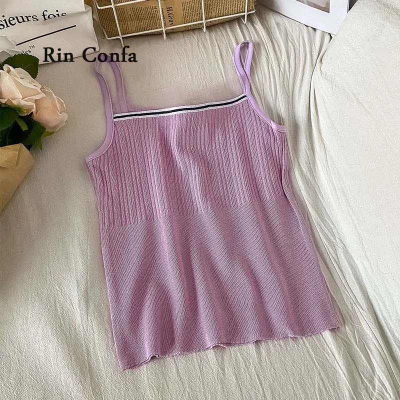 Rin Confa  Summer Fashion Be All-Match Pure Colour Top Women  Vertical Bar Thin  Top Lace Join Together Knitting Sling Vest