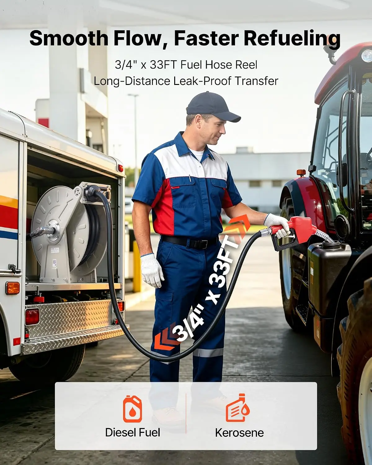 Fuel Hose Reel, 3/4 inch x 33 ft Retractable, Spring Driven Auto Swivel Rewind, 300 PSI, Heavy-Duty Carbon Steel Construction wi