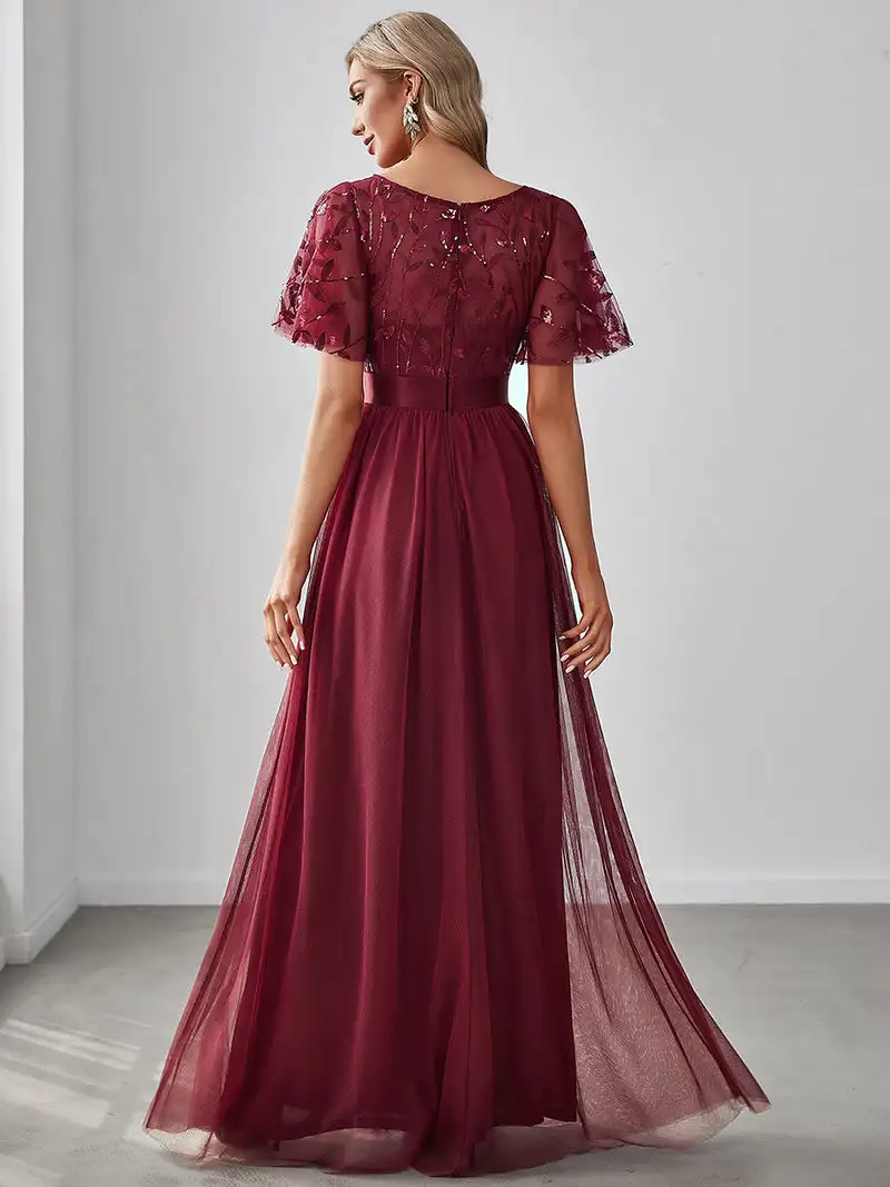 Elegant Evening Dresses Sequin Print Maxi Long with Cap Sleeve A-LINE 2024 Ever Pretty of Burgundy Gauze Prom Dresses Of Women