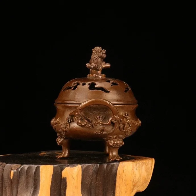 Bronze lion cover stove Xuande three-legged stove household sandalwood agarwood  incense burner tea ceremony tea table