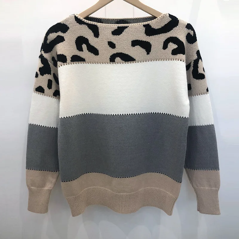 Women Sweaters Contrast Leopard Color Pullovers Loose Autumn Winter Long Sleeve Sweater Jumper Pull Femme Knitwear Oversized