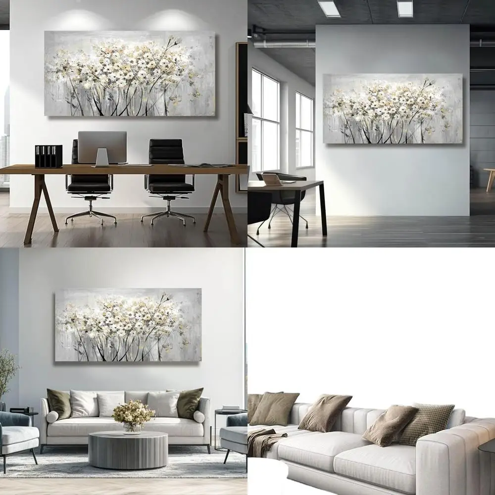 

Винтажные настенные рисунки с цветочным принтом — белые и серые 24x48 дюймов для гостиной, спальни, столовой