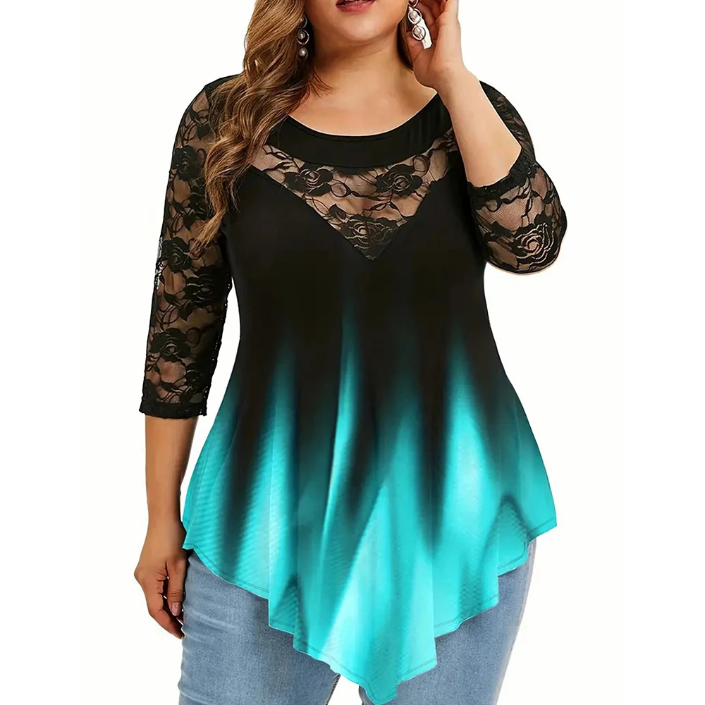 Women\'s Lace 3/4 Sleeve Tunic Tops Ladies Gradient T-Shirt Blouse High Quality Clothing Plus Size 2023