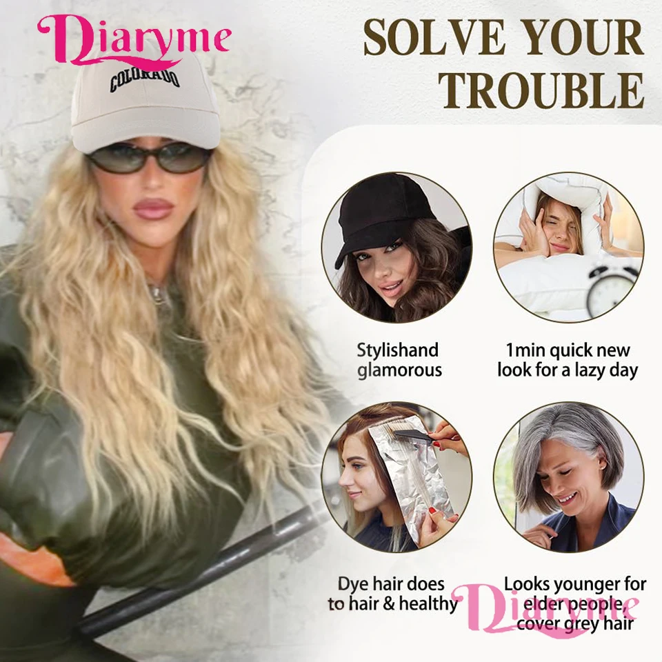 Wig Topi Satu Set Wanita Alami Modis Topi Baseball Rambut Panjang Keriting Sintetis Wig Full-Head untuk Wanita Penggunaan Sehari-hari