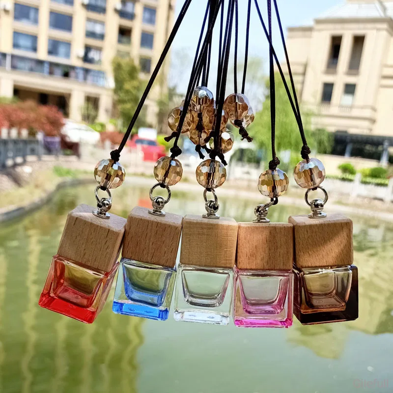 Car perfume pendant square glass empty bottle car car decoration essential oil bottle car interior crystal bead pendant