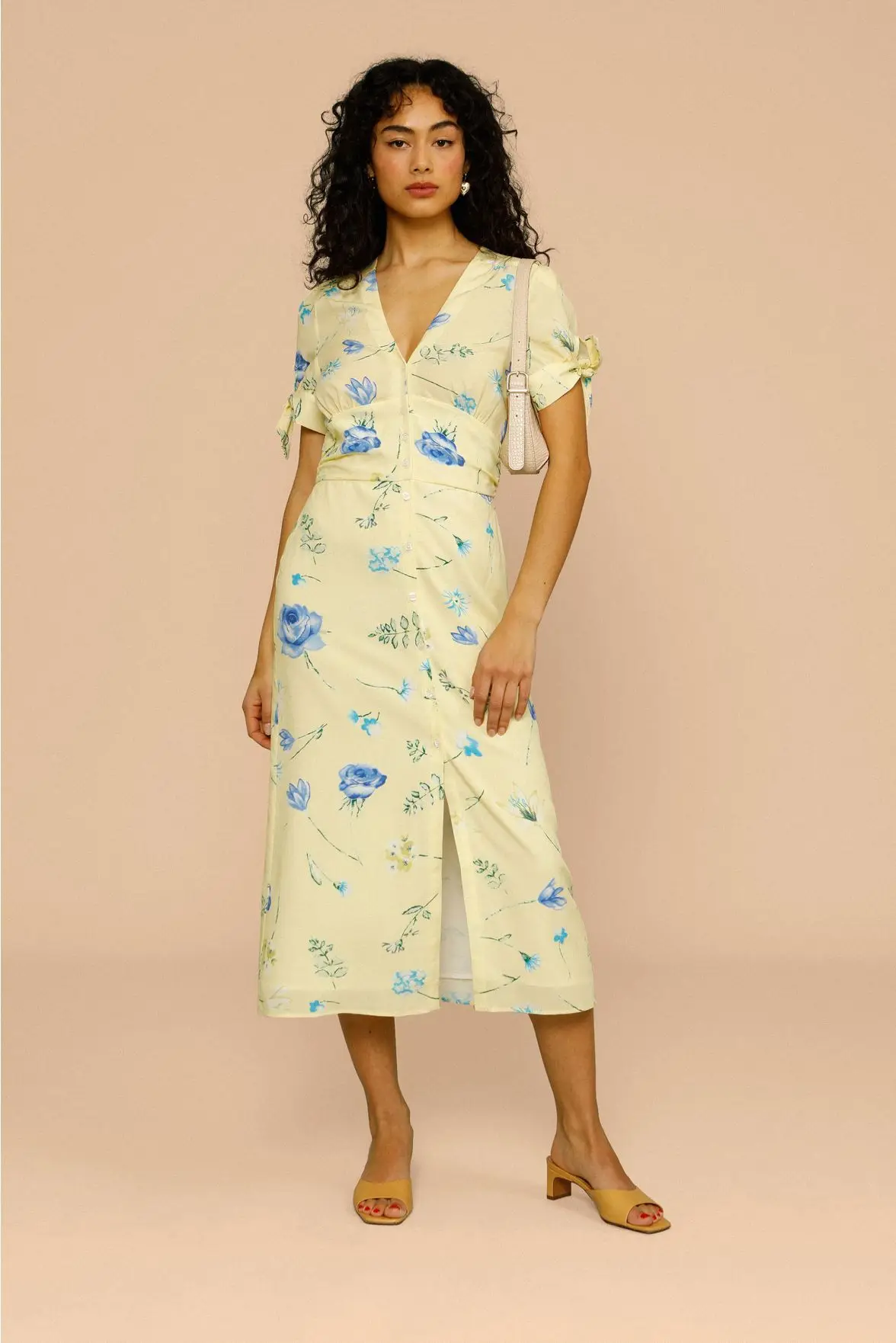 

French Sle Knot ort Sve V-Ne Midi Dr Women's New Arrival Summer High Waist A-Line Dr 30350