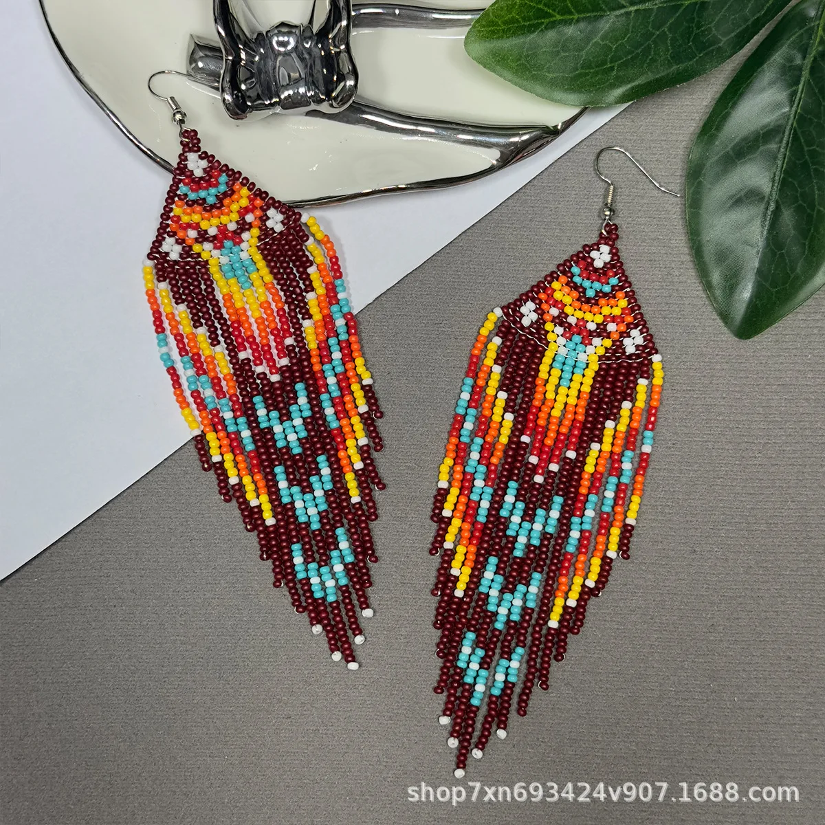 ZGMXR Rice bead earrings Tassel Bohemia Rainbow Gradual color Geometry Hand weaving Alloy Woman Fashion Simple Beaded earrings