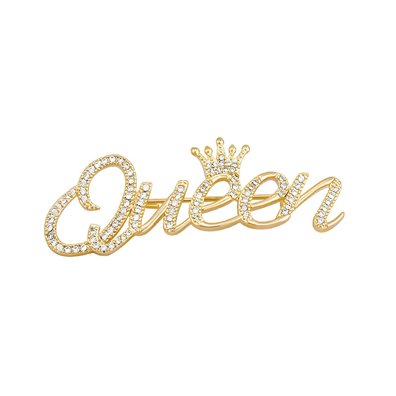 

18K Gold Plated English Word Queen Crown Design Brooch Letters Pins for Women Girls Party Dressing Zircons Jewellery Accessories