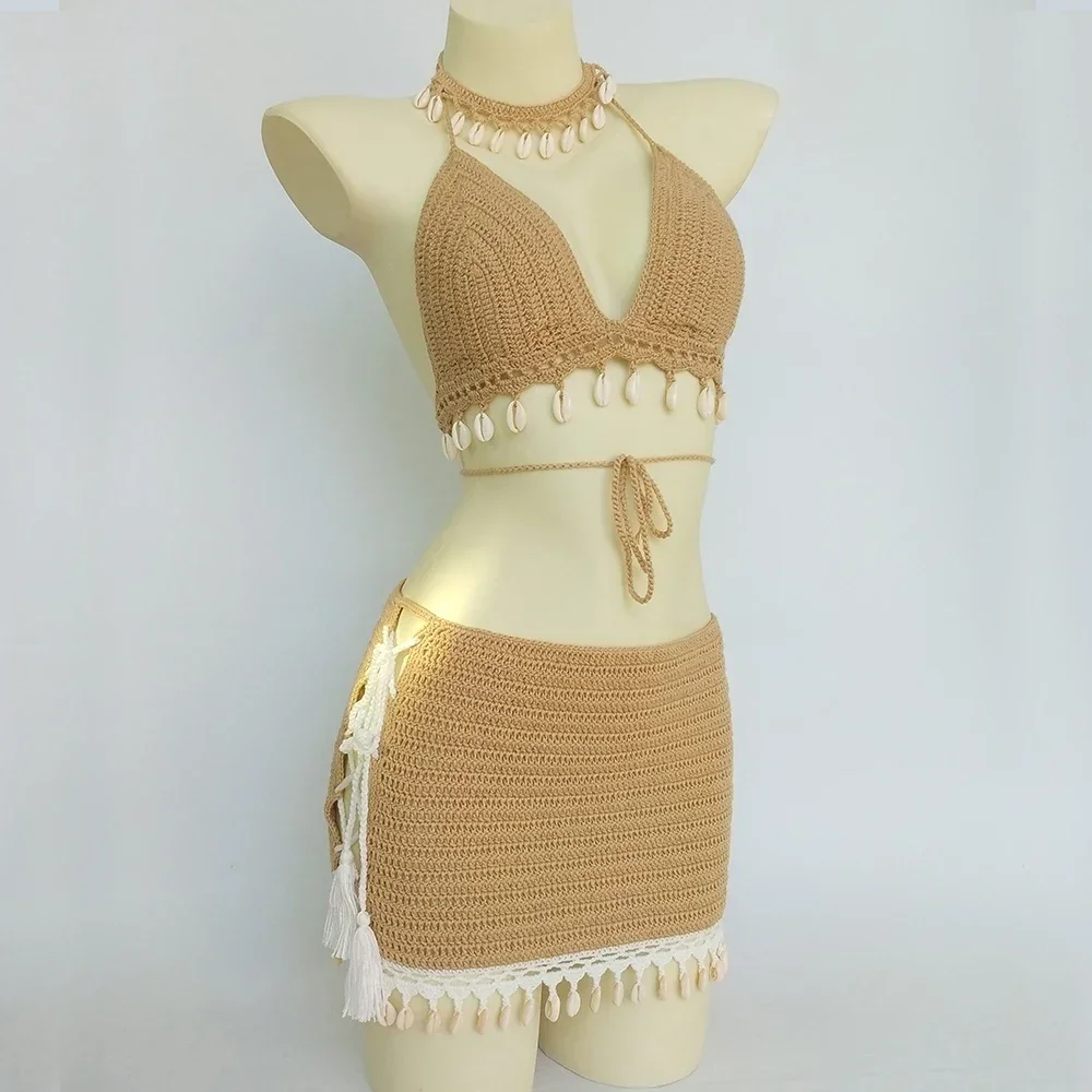 

3pcs Bikini Set Woman Crochet Shell Tassel Bikini Top And Seashell Ankle Chain Sexy Beach Skirt Lace See Through Slim Mini Skirt