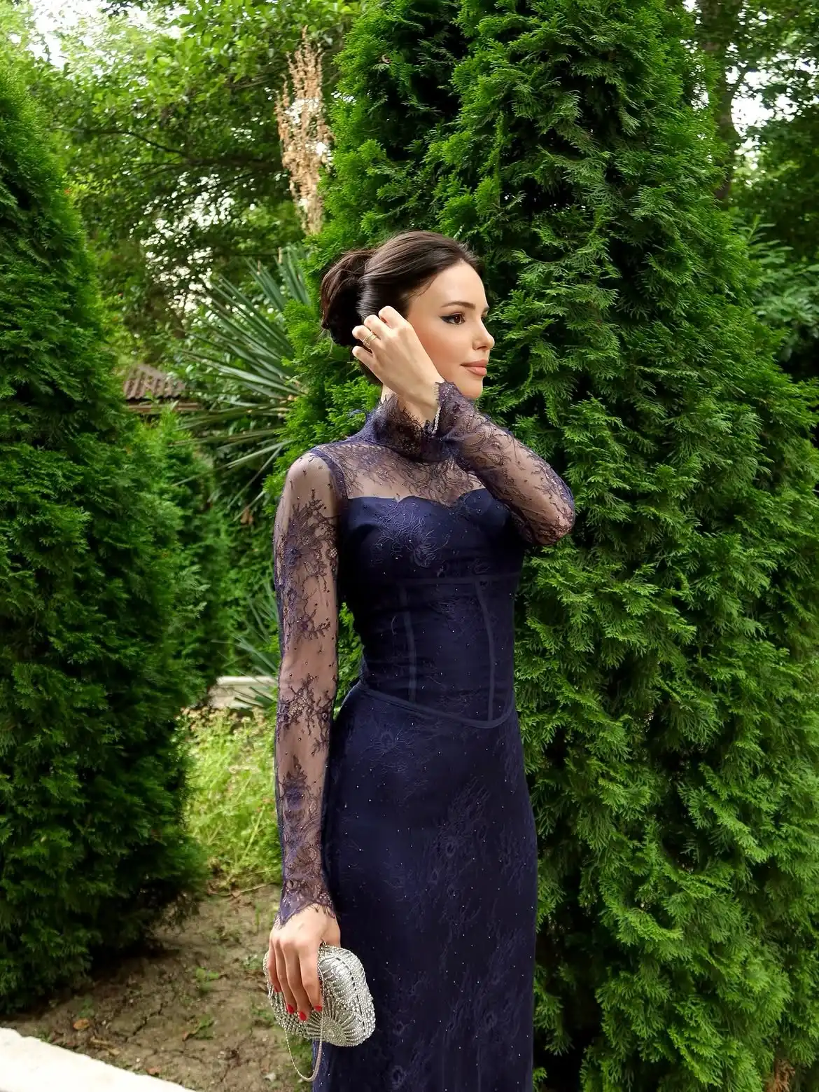Customized Stain Evening Dresses Navy Lace High Neck Formal Women Saudi Prom Dresses Ruched Floor-Length Wedding Party Gowns