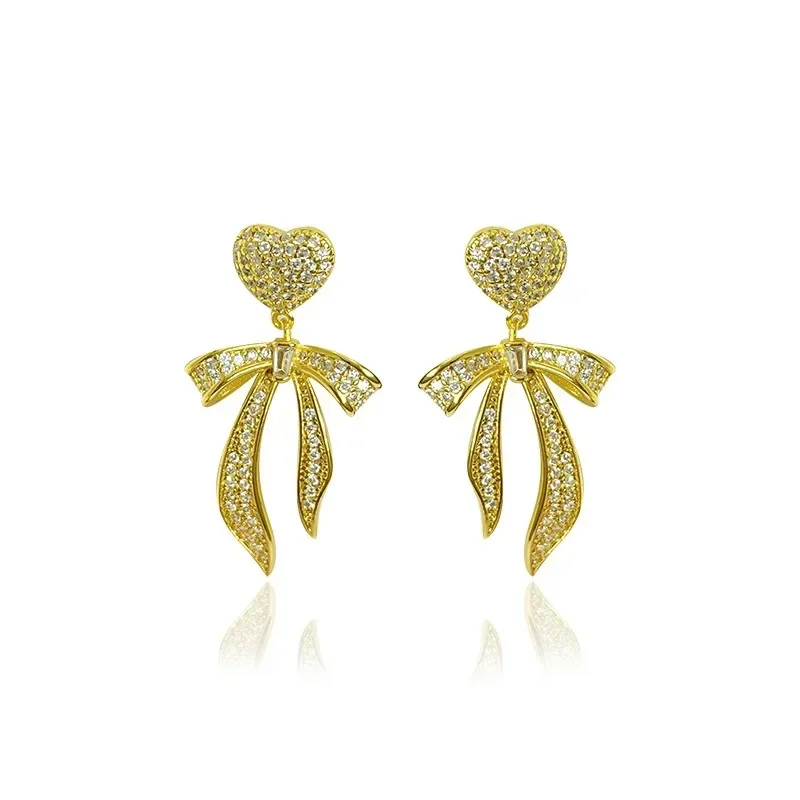 Vintage Fine Jewelry Luxury Daily Earring Fashion original inlaid crystal bowknot heart-shaped earrings for women wedding gift