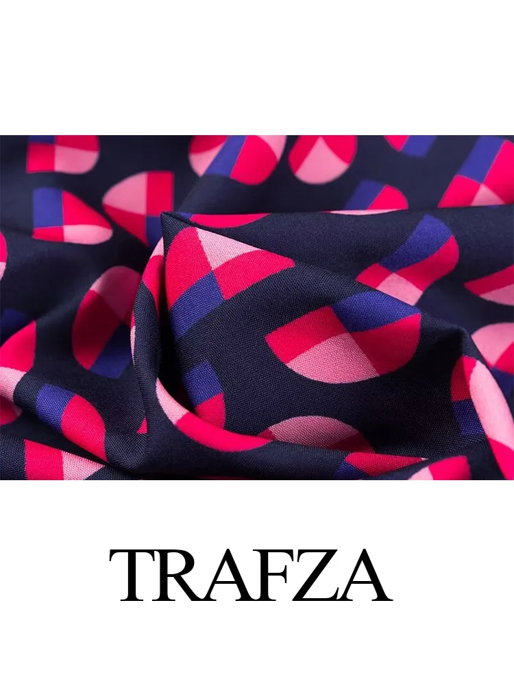 TRAFZA 2024 Women Summer Vacation Deep V Neck Short Sleeved Printed Dress Female Holiday New Elegant Zipper Ankle-Length Dress