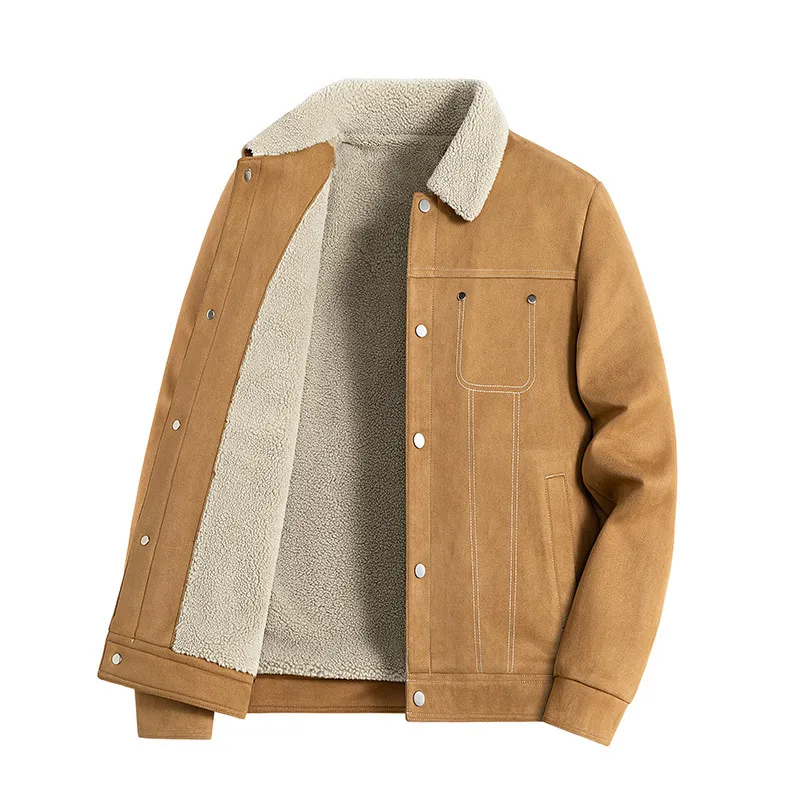 

Winter Lamb Wool Outdoor Casual Fleece Lined Thickened Jacket Loose Fit Warm Turn-Down Collar Cotton Coat For Middle-Aged And