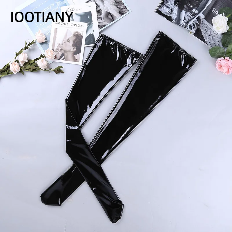 HOT Sexy Night Club Latex Stockings Ladies Black Faux Leather Thigh High Medias Women\'s Long Stockings Plus Size Over Knee Socks