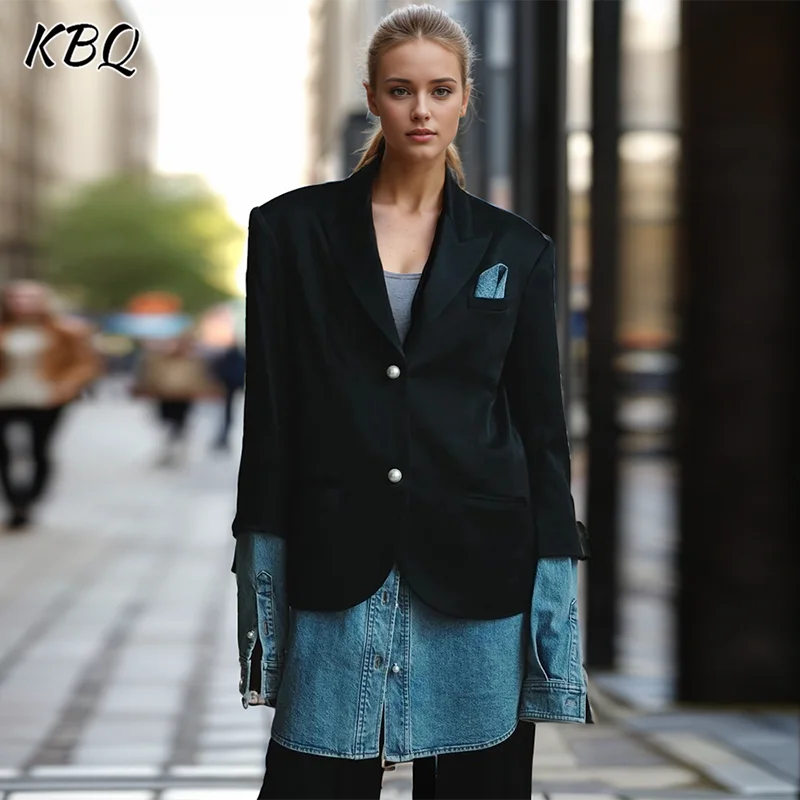 KBQ Blazer Denim warna Hit, Blazer kasual perca untuk wanita, kerah berlekuk, lengan panjang, kancing sambungan, Minimalis, baru