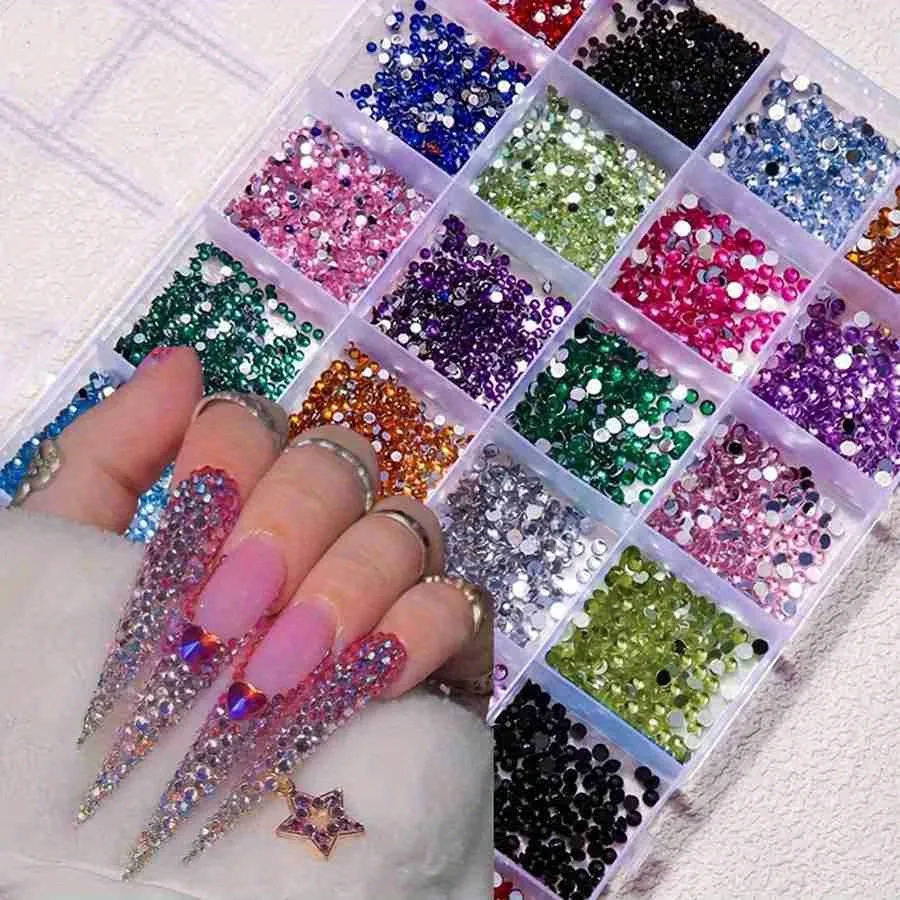 3500Pcs Acrylic Round Resin Flat Bottom Color 3D Glitter Gems Rhinestones DIY 3D Nail Art Decoration Manicure DIY Design