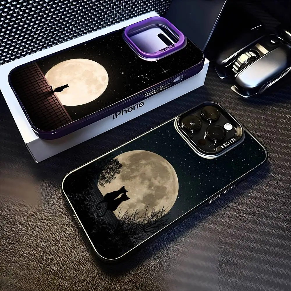 

Cute Stars Moon Cat Phone Case For iPhone 16,15,14,13,12,11,Mini,Pro,MAX Purple Matte Shockproof Cover