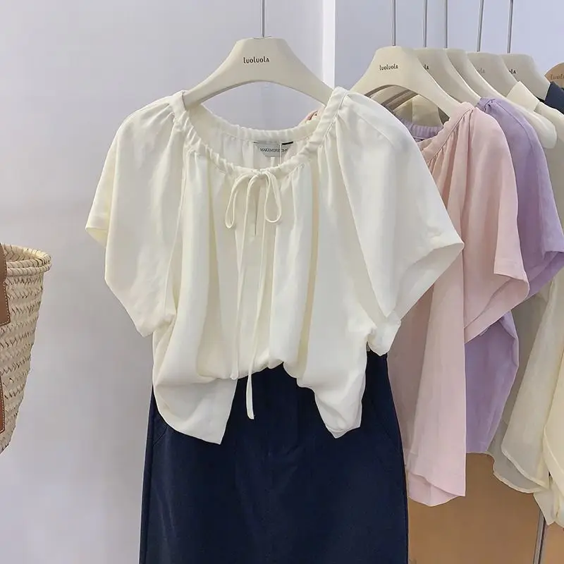 Tennis Rotary Sleeve Lace Doll Shirt for Women Summer New Round Neck Pullover Cute Loose Short Sleeve Shirt