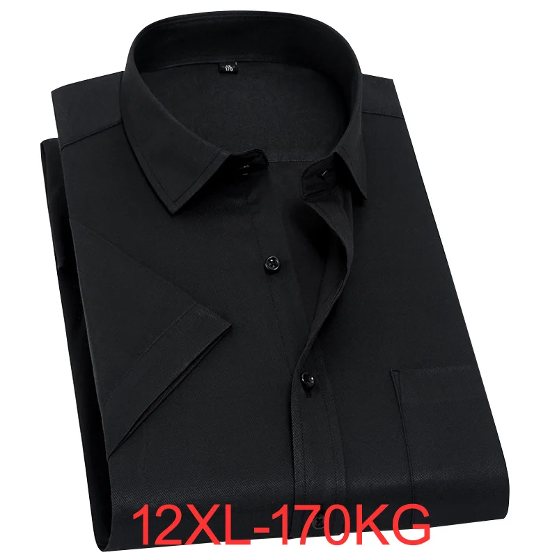 

12XL 11XL 10XL Summer Men's Solid Color Short sleeved Shirt Plus Size Loose Elasticity Casual Black White Business Work Shirts