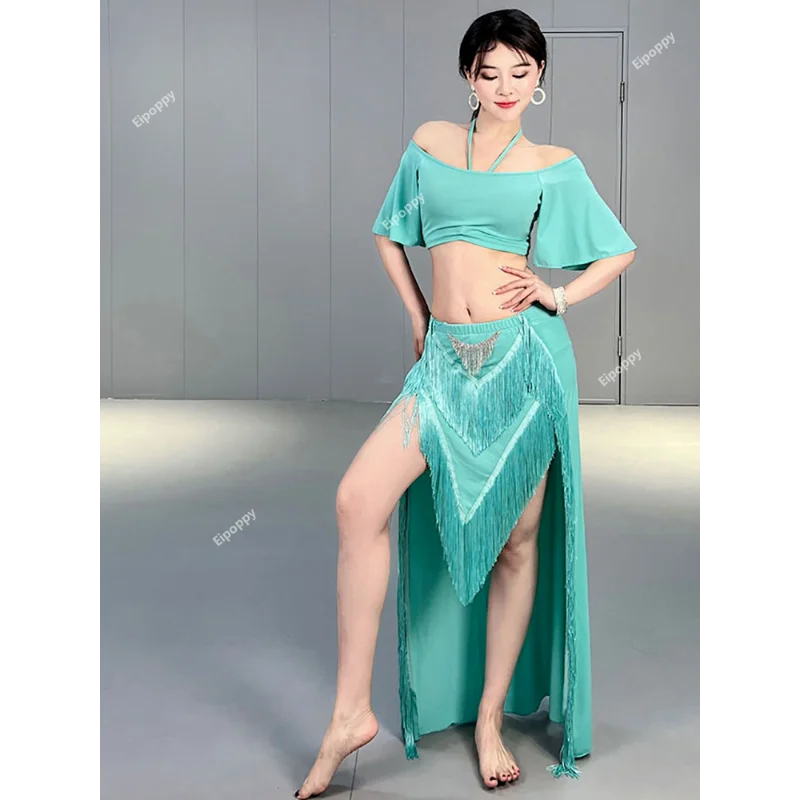 Belly Dance Professional Suit for Women Mesh Short Sleeves Top+sexy Split Long Skirt 2pcs Girl's Oriental Belly Dancing Suit