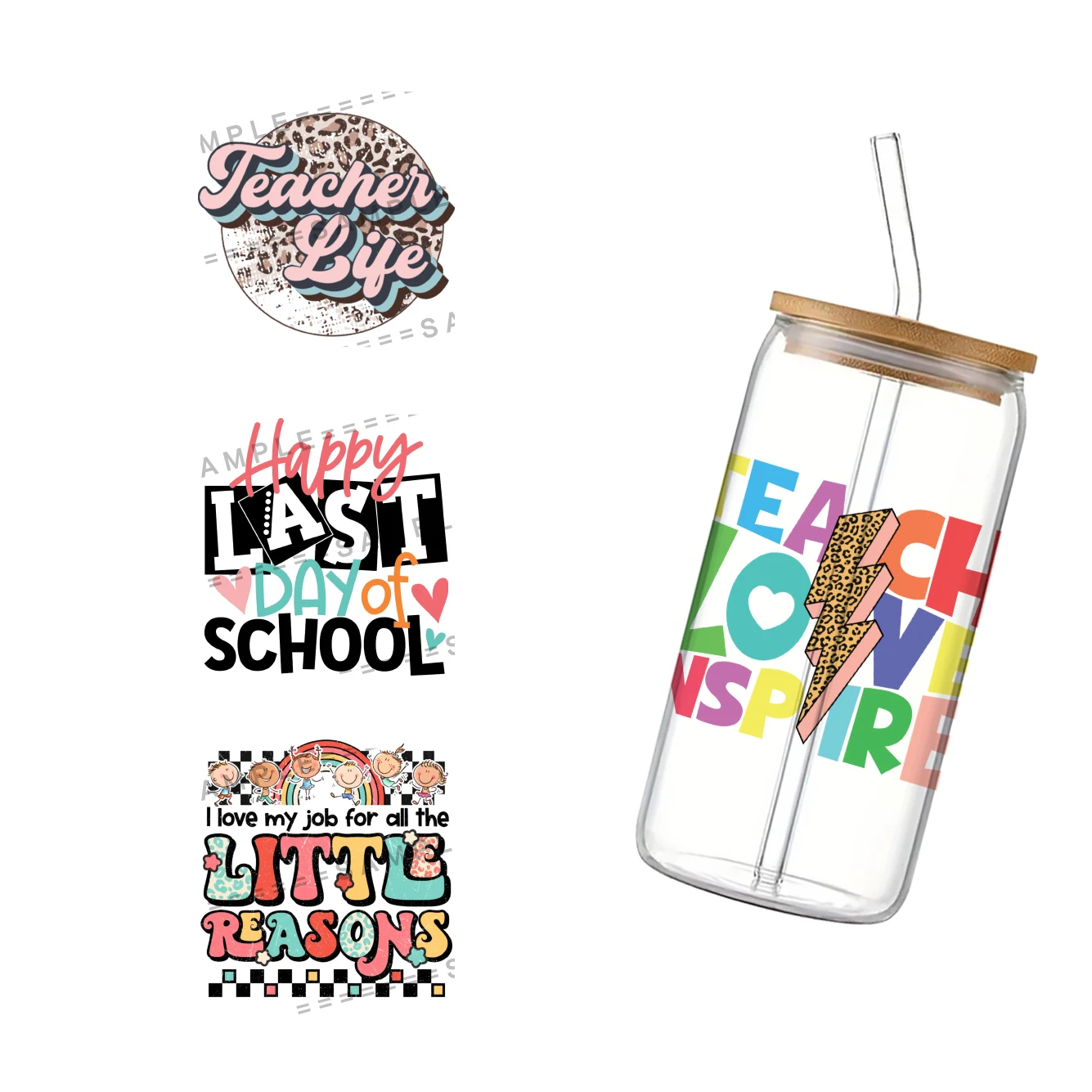 Teacher school Stationery UV DTF Transfer Sticker Waterproof Decals For 16oz Glass Cup Wrap Stickers Small Size 11x11cm