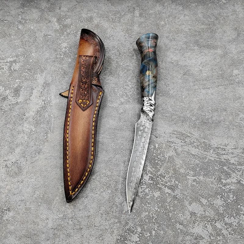 Imported Forged Damascus Steel Wooden Handle Fixed Blade Hunting Tactical Knife Outdoor Camping Self-defense Straight Knife