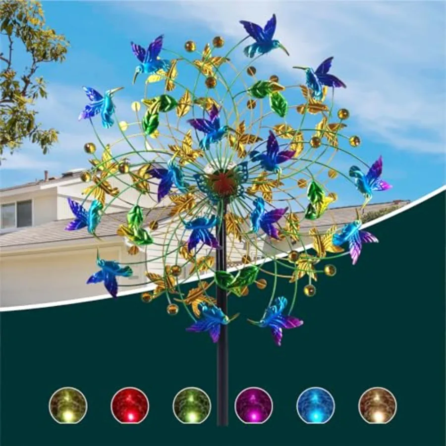

Outdoor Wind Spinner with Garden Stake 82.7" Metal Two-Way Wind Sculptures Solar Color Changing Lights Large Windmills for Gard