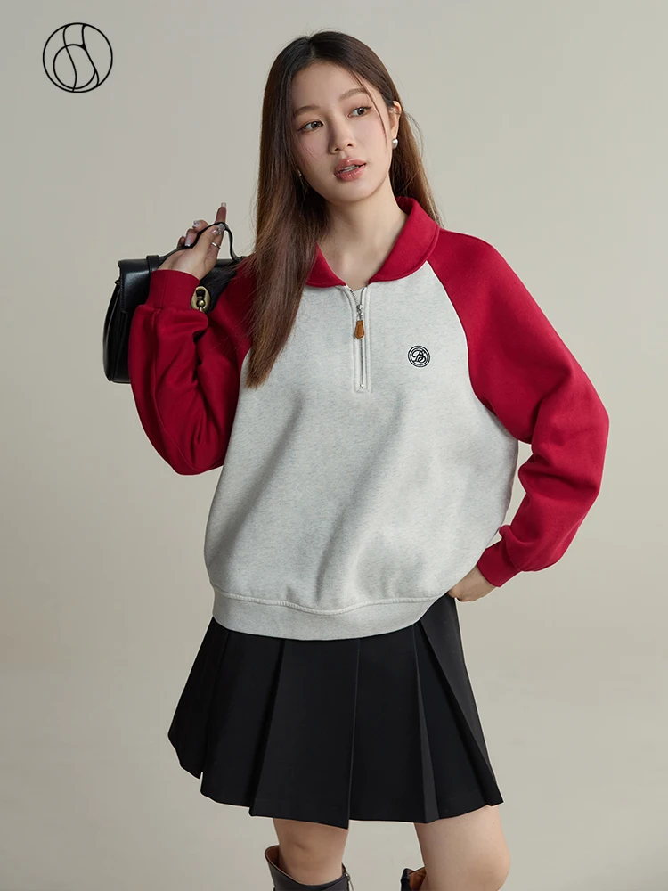 

DUSHU Contrast Color Retro Lapel Sweatshirt for Women 2023 Winter Niche Design CVC Brushed Comfortable Top Pullover for Female