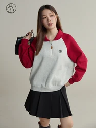 DUSHU Contrast Color Retro Lapel Sweatshirt for Women 2023 Winter Niche Design CVC Brushed Comfortable Top Pullover for Female