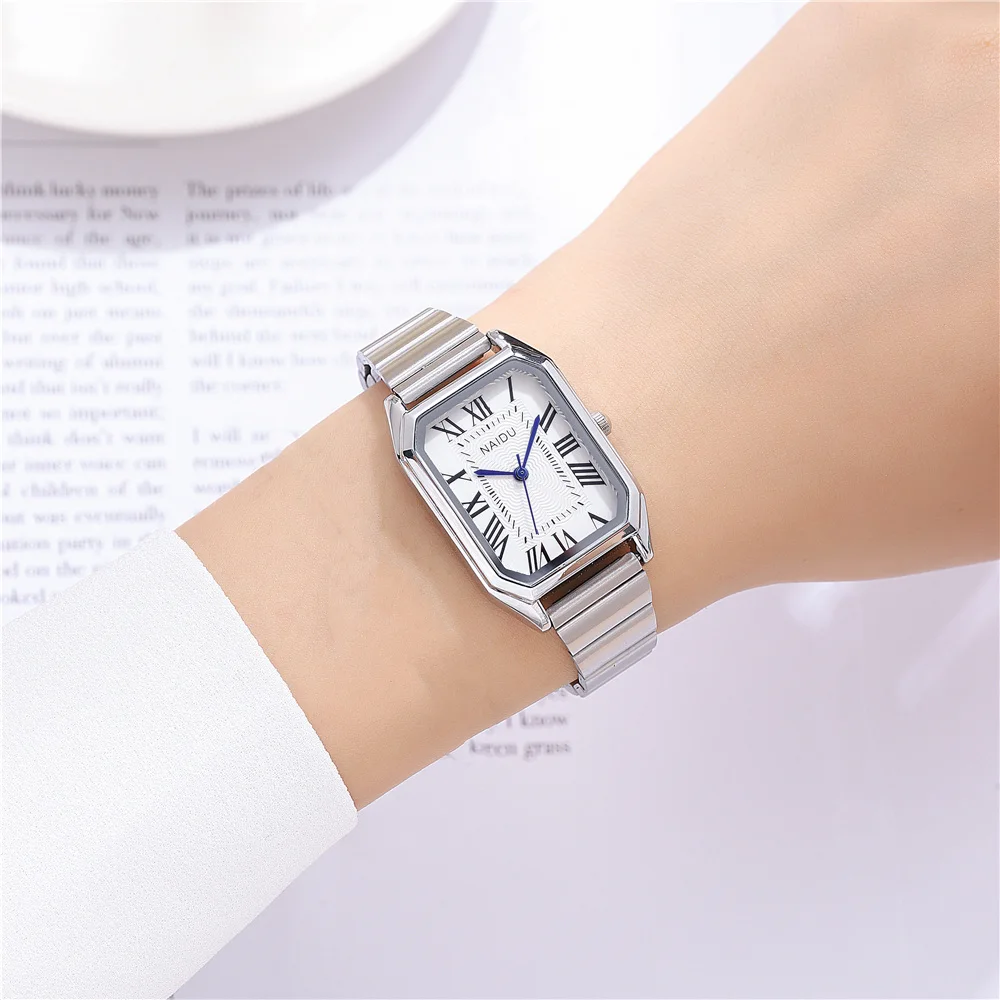 fashion rectangle dial Roman scale quartz steel women ladies dress watch