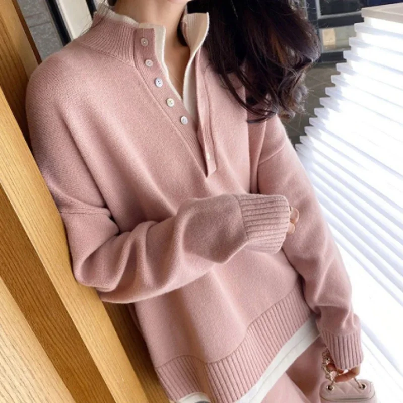 Autumn Pink 2 Piece Sets Women Winter Long Sleeve Sweater + Wide Leg Pants Women Elegant Warm Woolen Pants Sets Korean