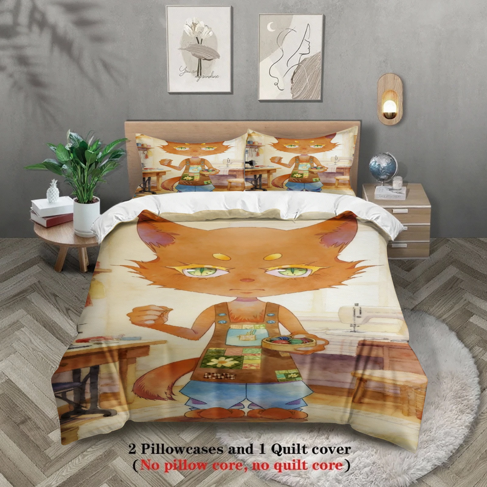 

Softville Cozy Town 3PCS Bedding Sets Fox Needle Buttons Printed Duvet Cover No filling Cartoon Style Full Queen King Size