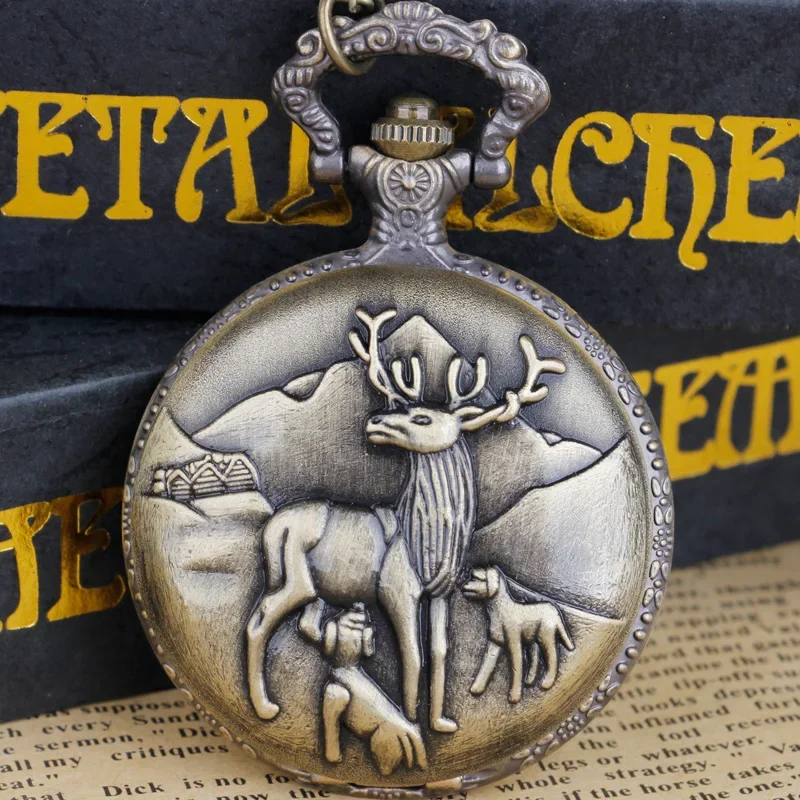 Vintage Deer Carved Quartz Pocket Watch Necklace Pendant Men Women Gifts Clothing Accessories