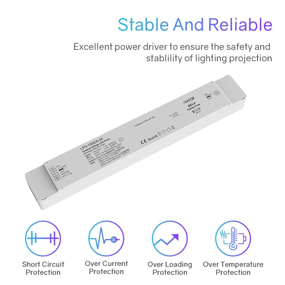 Imagem -04 - Dimmable Dimmable Led Driver ac 110v 220v 230v para dc 12v 24v Dt6 Dimmer Transformador de Iluminação com Dali2 Push Dimming Função 150w