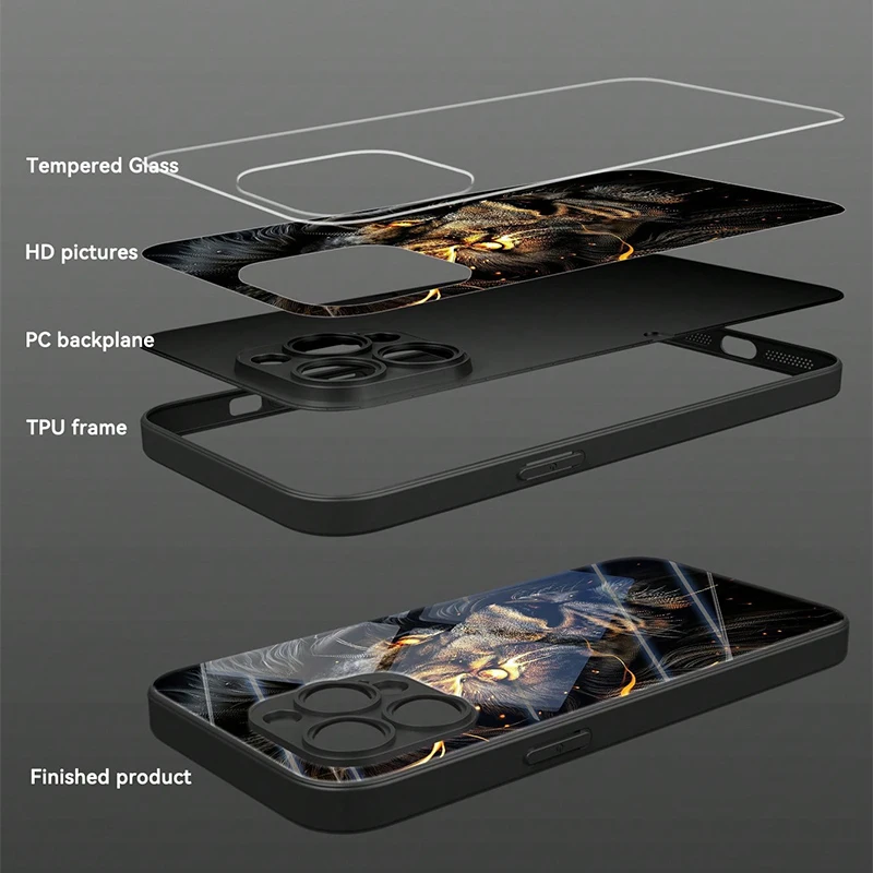 Handyhülle aus gehärtetem Glas mit dunklem Löwenkopfmuster für iPhone 18 17 Pro Max 16 15 14 13 12 11 Pro 17Air 16E 7 8 Plus XR XS X Cover – Detail 3