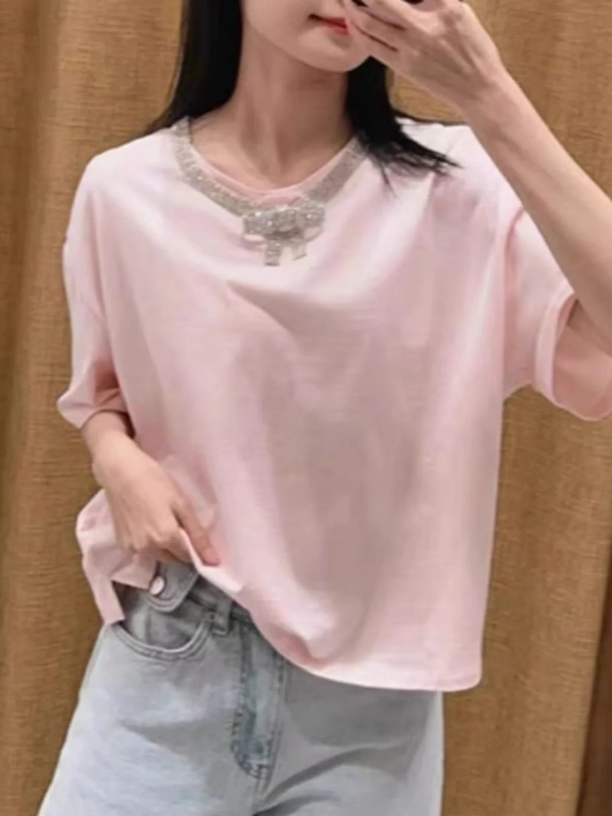 

Женская хлопковая футболка Sweet Knot с круглым вырезом и коротким рукавом, весенняя, молодежная, с декором в виде бриллиантов, качественная, для дома