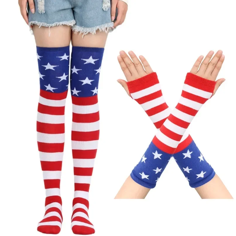 Conjunto de guantes de manga larga hasta el muslo para mujer, medias a rayas, bandera americana de EE. UU., negro, blanco y rojo, calcetines por encima de la rodilla, EE. UU.