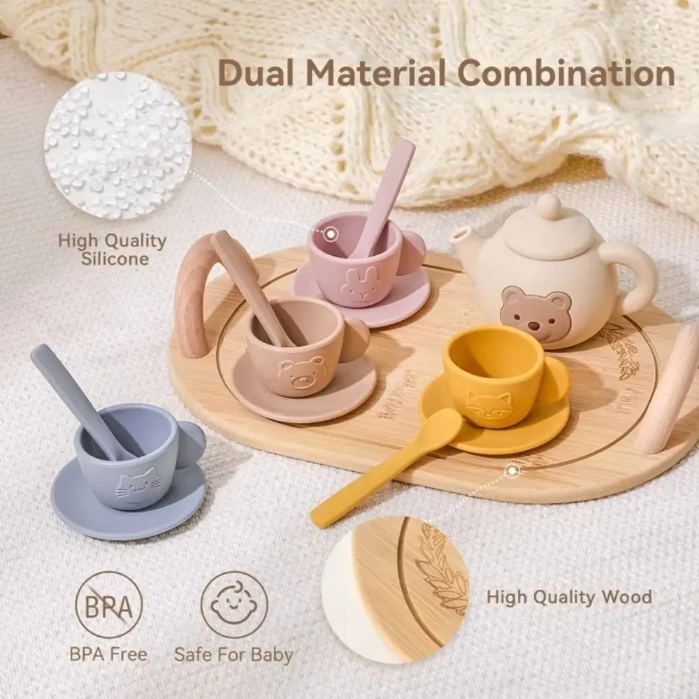 Simulação de silicone conjunto de chá da tarde pequeno urso montessori fingir jogar cozinha conjunto interativo cedo educacional conjunto de chá jogar