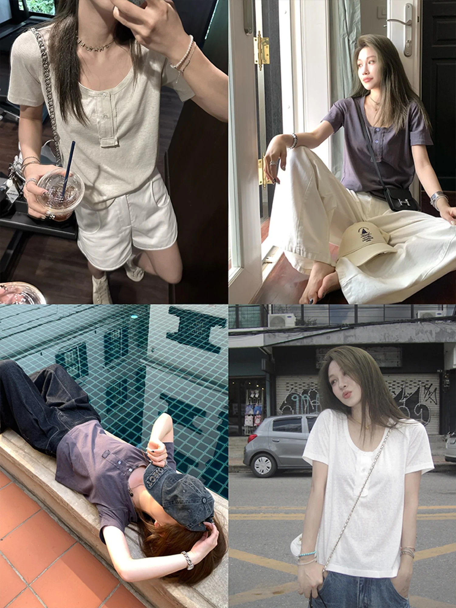 

Lightweight Color ort Sve T-irt Women's Summer Cotton Polyester Blend Loose Fit Classic Pattern U-Neline Regul...