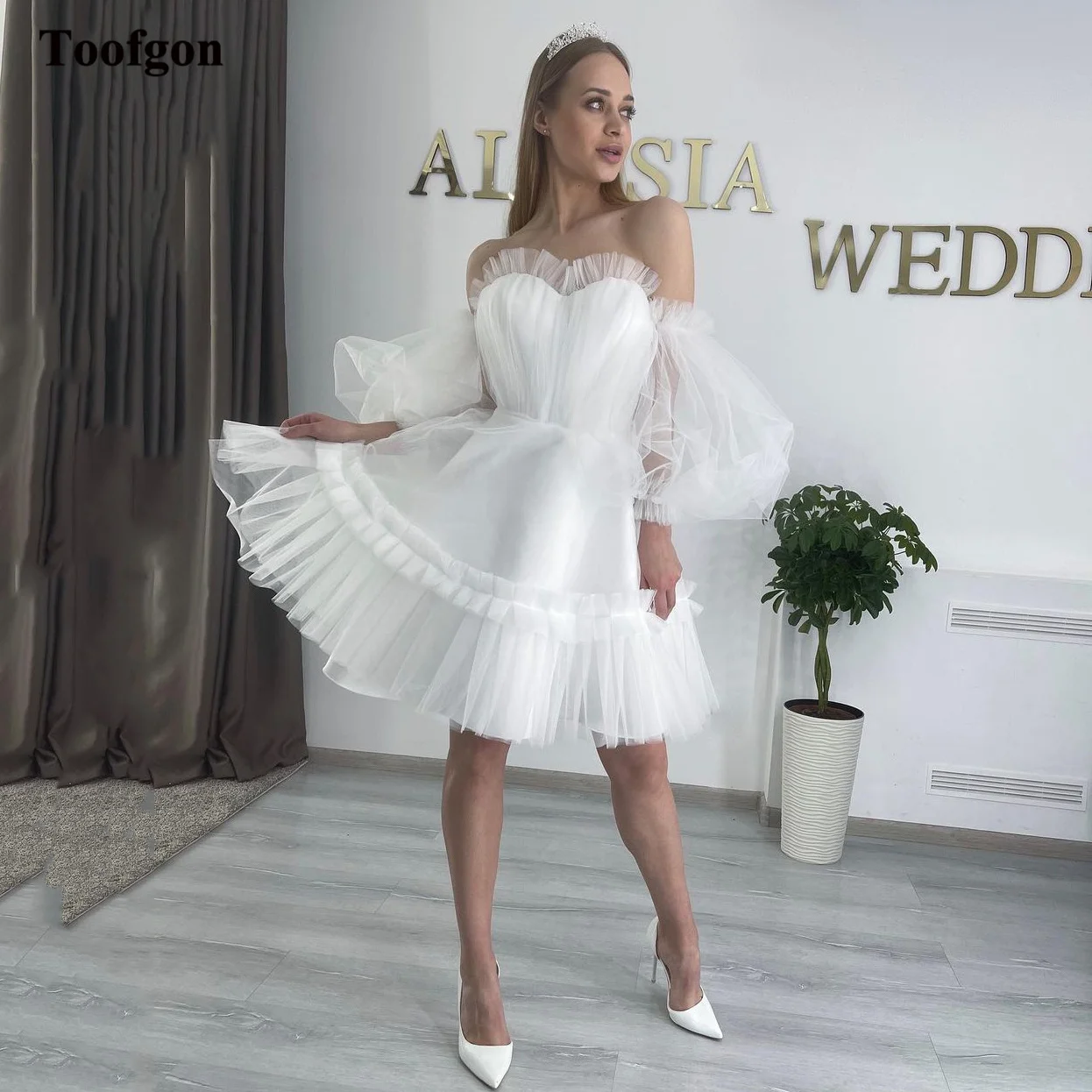 Toofgon Ivory Tulle Short Wedding Dresses Off The Shoulder Puff Long Sleeves Lace Up Bridal Dress Formal Engagement Party Gowns