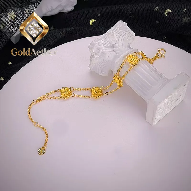 

GoldAether Luxury 24K 9999 Pure Gold real gold Women's Double-row Small Cherry Blossom Bracelet Light Luxury Bracelet